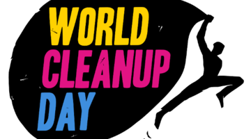In einer schwarzen Mülltüte steht in verschiedenen Farben World Cleanup Day. Die Mülltüte wird von einer Personenfigur gehalten.