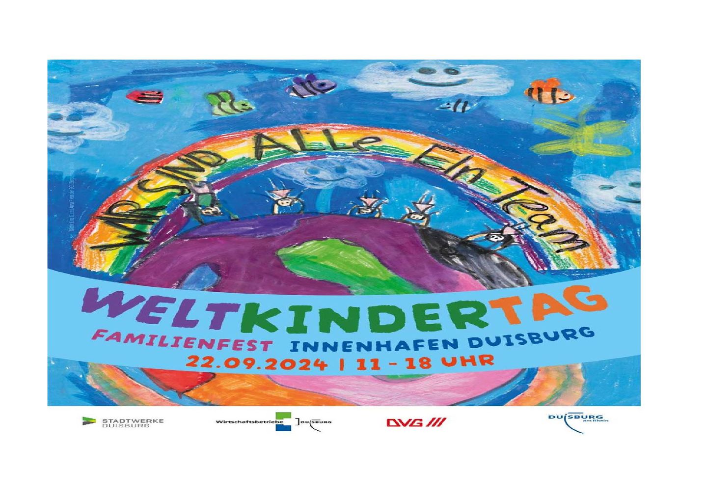 Der Text auf dem Poster kündigt das Weltkindertag Familienfest an, das am 22.09.2024 von 11:00 bis 18:00 Uhr im Innenhafen Duisburg stattfindet. 