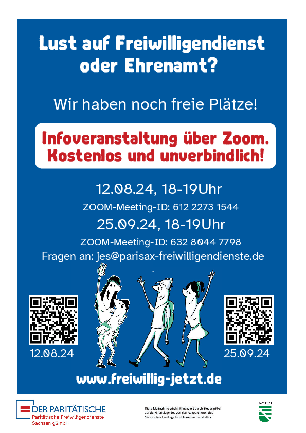 Sie sehen eine Infografik mit den Zugangsdaten zur Online-Infoveranstaltung Ehrenamt und Freiwilligendienste in Sachsen, Polen und Tschechien
