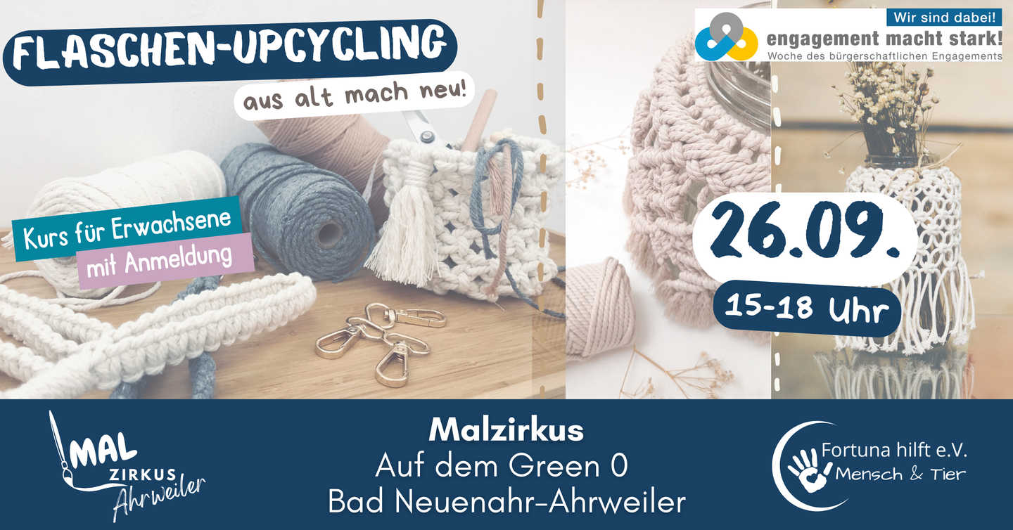 Glasgefäße sind mit Macramé verziert. Auf dem Bild sind nochmals die Veranstaltungsdetails zu lesen.