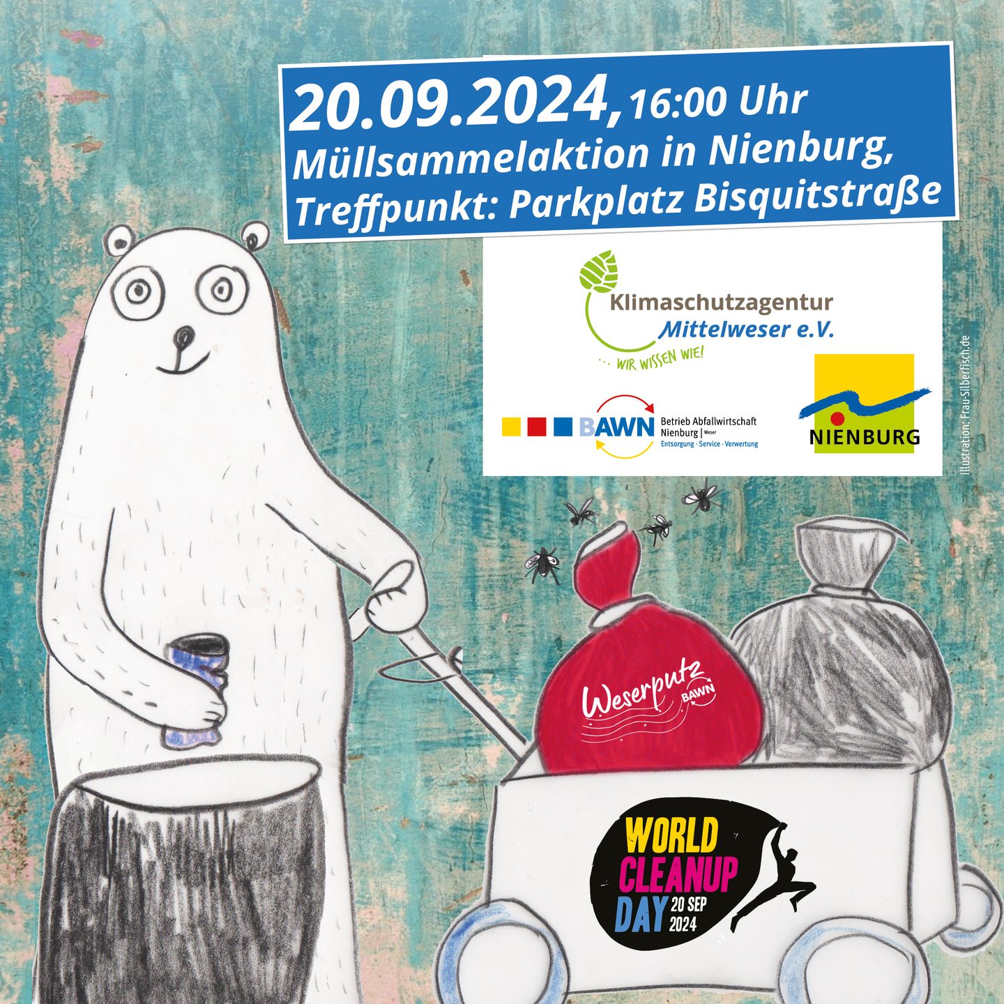 Instagrampost zum World Cleanup Day 2024 in Nienburg/Weser. Datum: 20.09.2024, Uhrzeit: 16:00 Uhr. Treffpunkt: Parkplatz Bisquitstraße. 