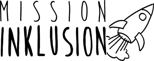 Bei der Grafik handelt es sich um das Logo von Mission Inklusion. In der ersten Zeile steht in schwarzer Schrift “Mission” und darunter in einem dickeren Schriftzug “Inklusion”. Am rechten Rand ist der Umriss einer Rakete abgebildet, die gerade abhebt und Wolken am unteren Rand hinterlässt.