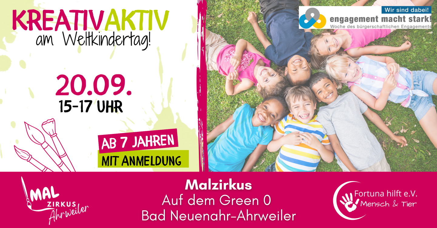 Kinder Bilden mit ihren Händen einen gemeinsamen Kreis, bunte Friedenstauben und die Veranstaltungsinformationen sind nochmals zu lesen.