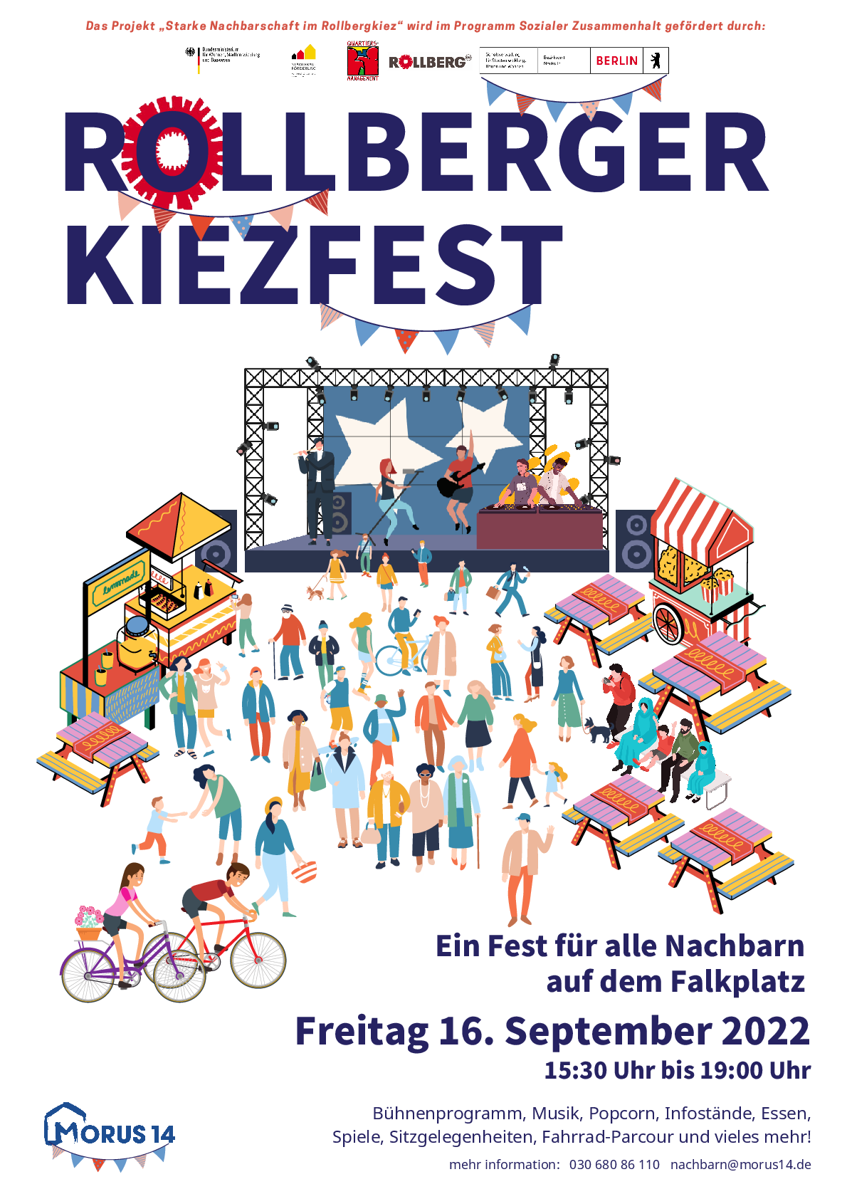 Werbeplakat Rollberger Kiezfest 19.06.2022 Bühne, Stände, Sitzgelegenheiten, Tanzfläche
