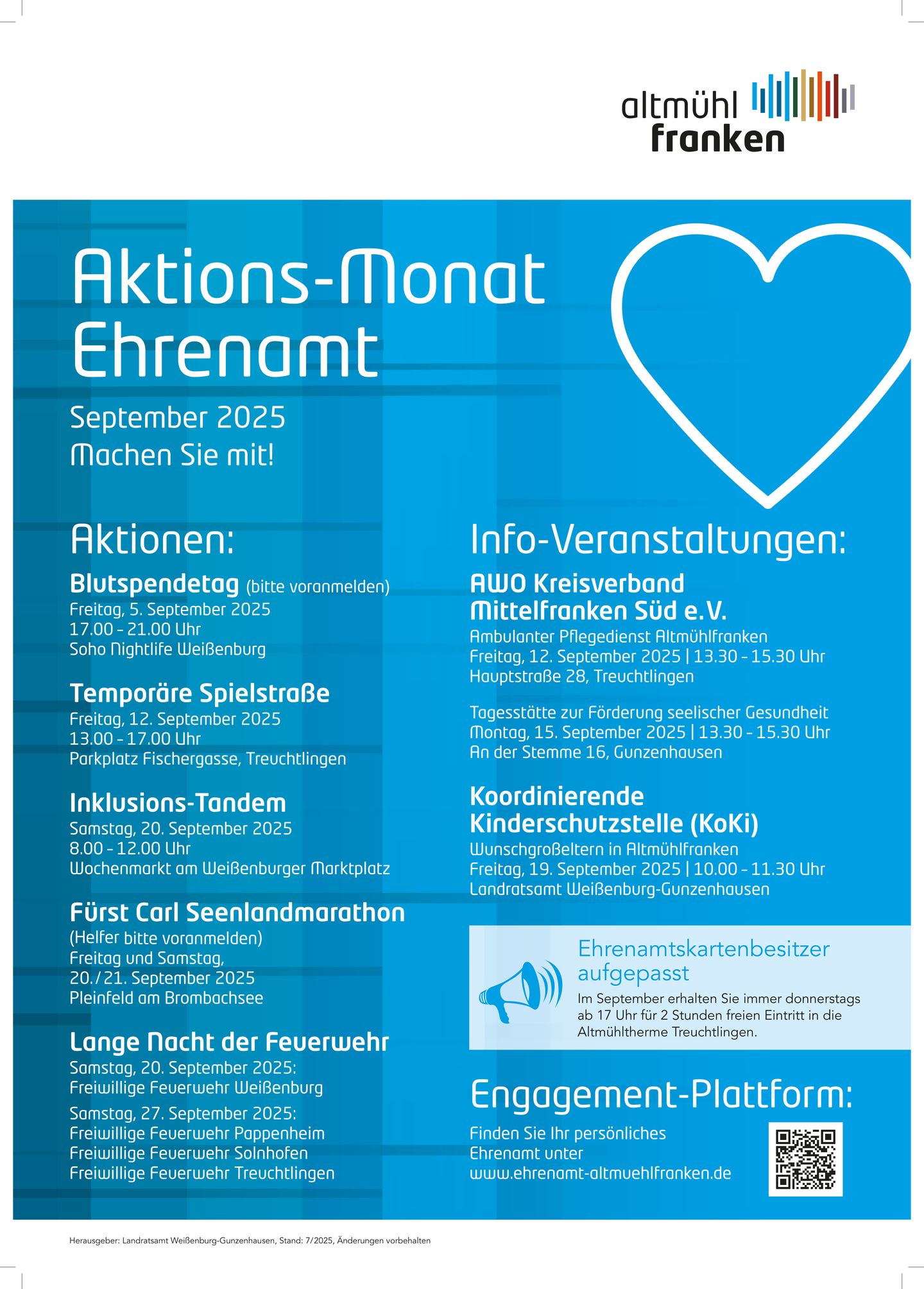 Ein Plakat mit blauem Hintergrund. Darauf sind die unterschiedlichen Aktionen im Landkreis Weißenburg-Gunzenhausen zu sehen. Diese finden im Zeitraum September 2025 statt.