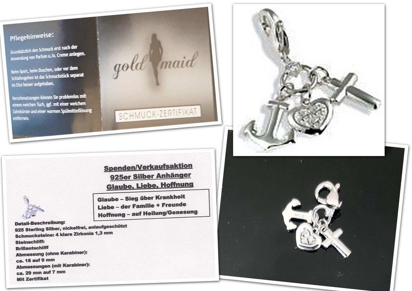 925er Sterling Silber Schmuckanhänger, Symbole Glaube, Liebe, Hoffnung,  zu Gunsten schwerkranker Kinder.