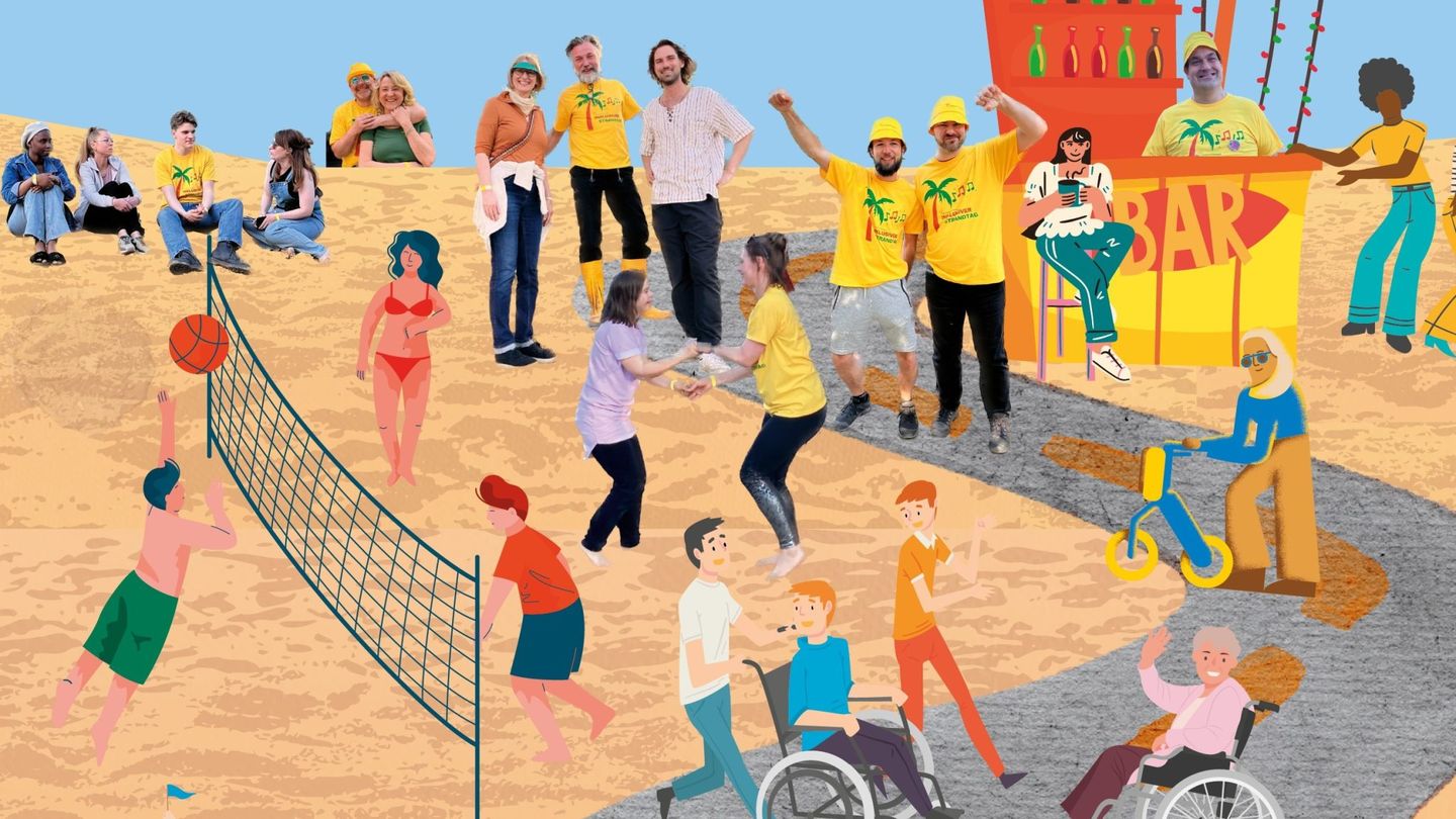 Auf dem Bild sind Menschen am Strand zu sehen, die Spaß bei den Inklusiven Strandtagen am Plötzensee haben.