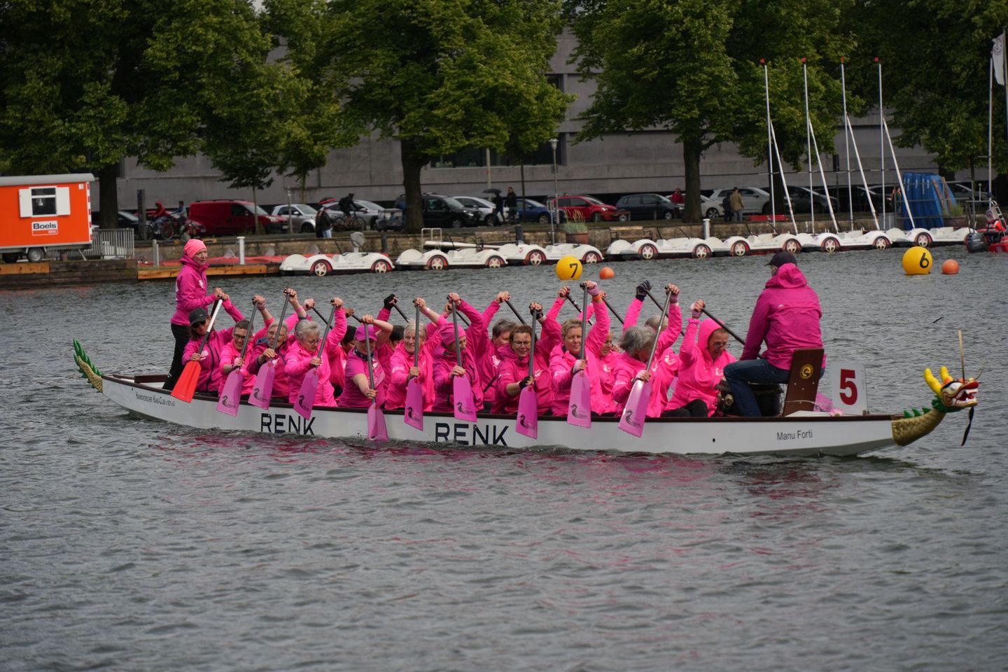 pink gekleidete Frauen im Drachenboot mit pinken Paddeln, pink ist die Brustkrebs-Farbe