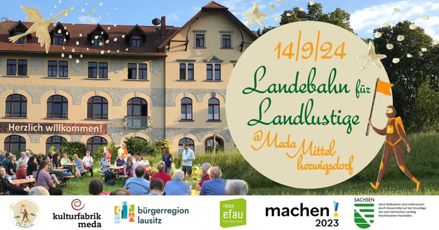 Foto der Meda Mittelherwigsdorf mit Infos zur Veranstaltung und den Logos der Förderer