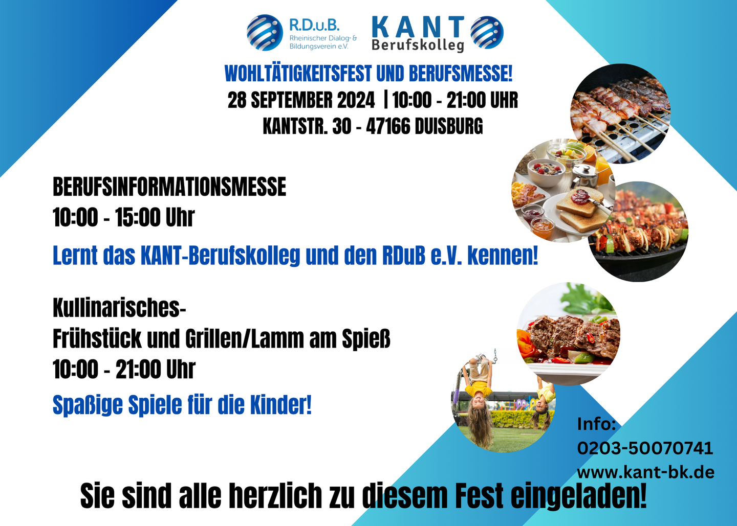 Das Bild zeigt ein Poster, das für ein „Wohltätigkeitsfest und Berufsmesse“ am 28. September 2024 in Duisburg wirbt. Veranstaltungsort ist die Kantstraße 30, 47166 Duisburg. Die Veranstaltung dauert von 10:00 bis 21:00 Uhr. 