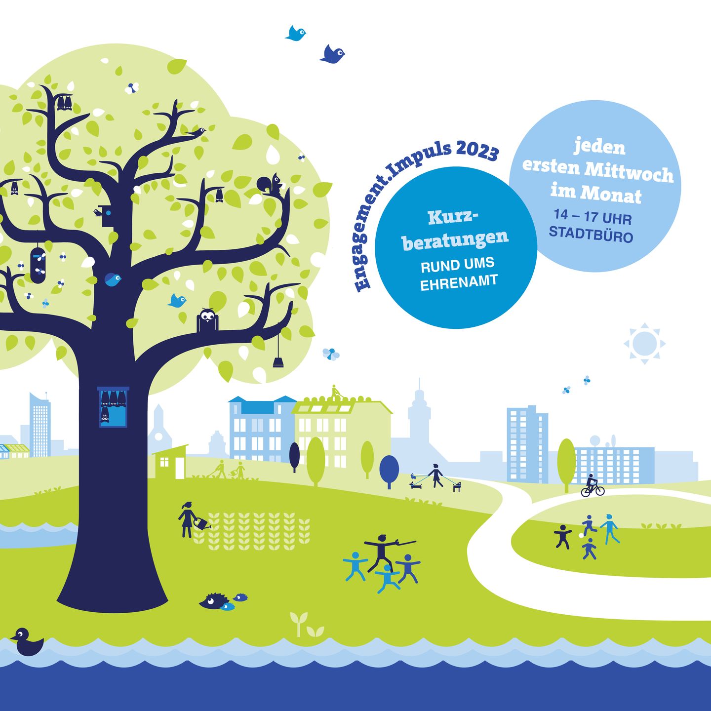 Engagement.Impuls ist ein Kurzberatungsformat, das einmal monatlich stattfindet mit wechselnden Schwerpunktthemen. Das Bild bewirbt die Veranstaltung und zeigt eine Illustration mit Menschen im Park, einen mit Tieren belebten Baum und die Silhouette der Innenstadt Leipzigs.