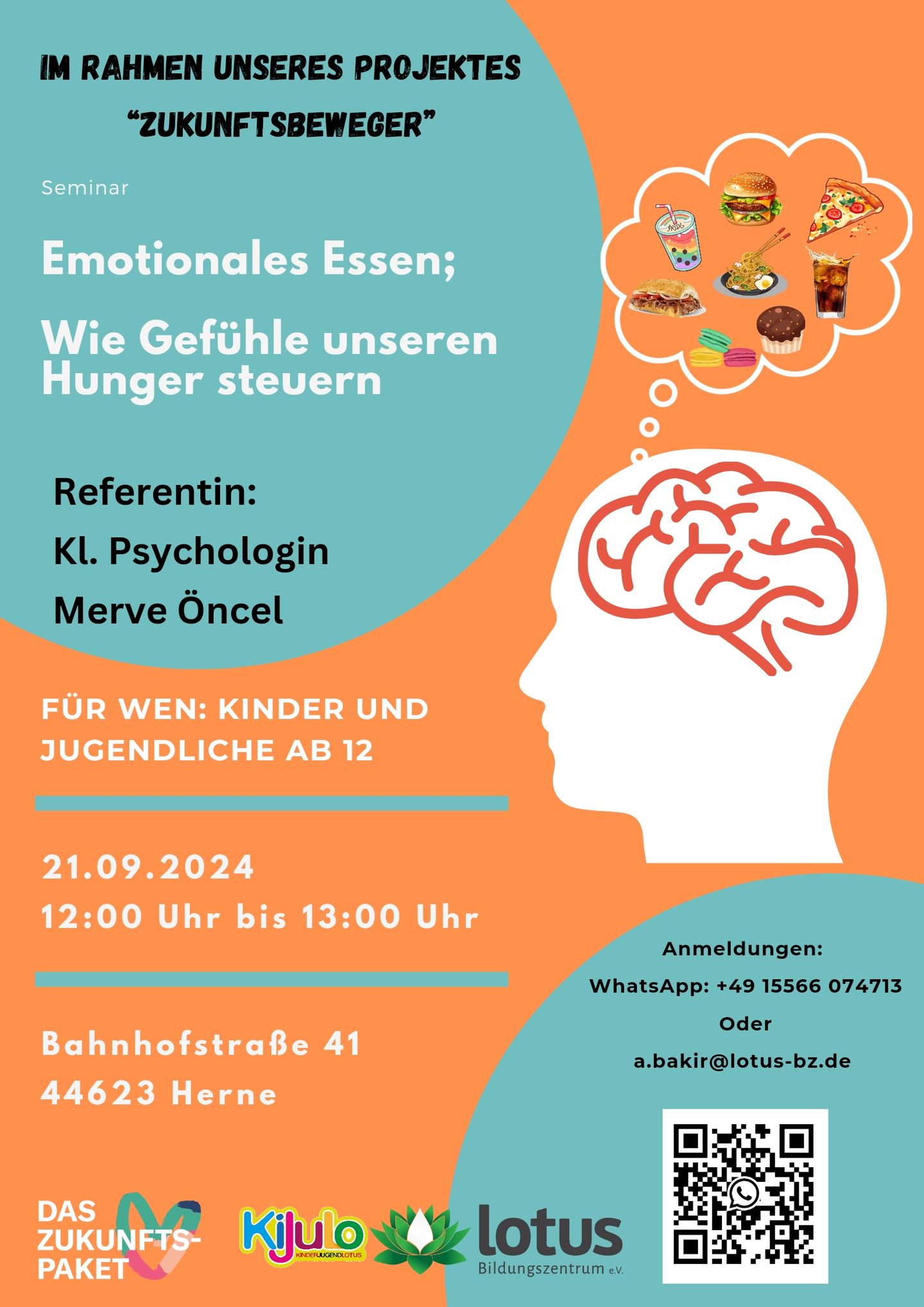 Am 21. September 2024 findet im Rahmen unseres Projekts „Zukunftsbeweger“ ein Seminar über die psychologische Seite der Ernährung statt. Im Seminar wird das Phänomen des emotionalen Essens und wie unsere Gefühle den Hunger beeinflussen, behandelt.  Die klinische Psychologin Merve Öncel wird als Referentin einen umfassenden Einblick in die Zusammenhänge zwischen Emotionen und Essverhalten geben. Das Seminar richtet sich an Kinder und Jugendliche ab 12 Jahren und bietet eine hervorragende Gelegenheit, sich in diesem Bereich weiterzubilden.  Das Seminar mit dem Titel "Emotionales Essen: Wie Gefühle unseren Hunger steuern" findet am 21. September 2024 von 12:00 bis 13:00 Uhr statt