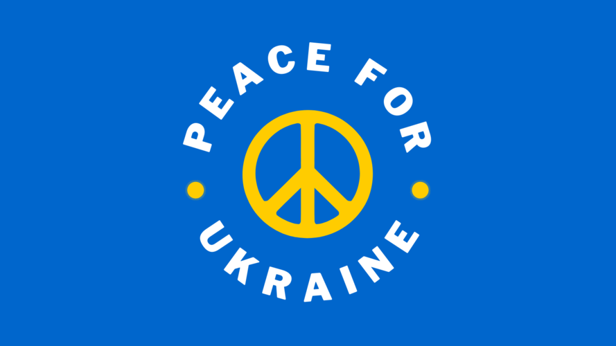 Blauer Hintergrund mit gelbem Peace-Zeichen im Zentrum. Um das Peace-Zeichen herum steht "Peace for the Ukraine".