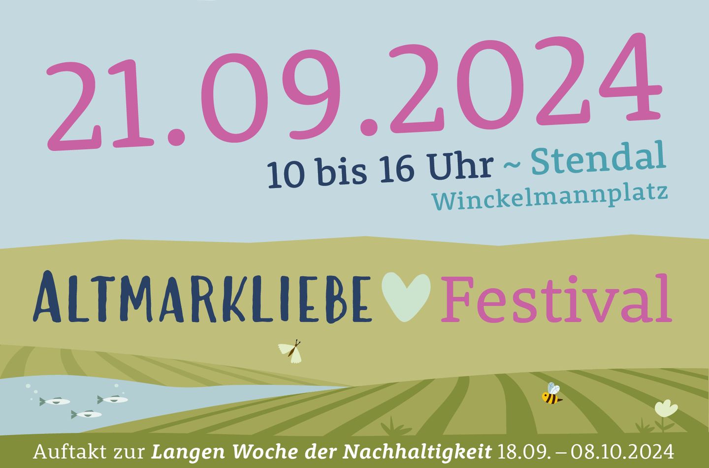Plakat mit den Daten des Fesitvals, im Hintergrund eine stilisierte Landschaft mit Fischen, Insekten und Pflanzen in ihren Lebensräumen