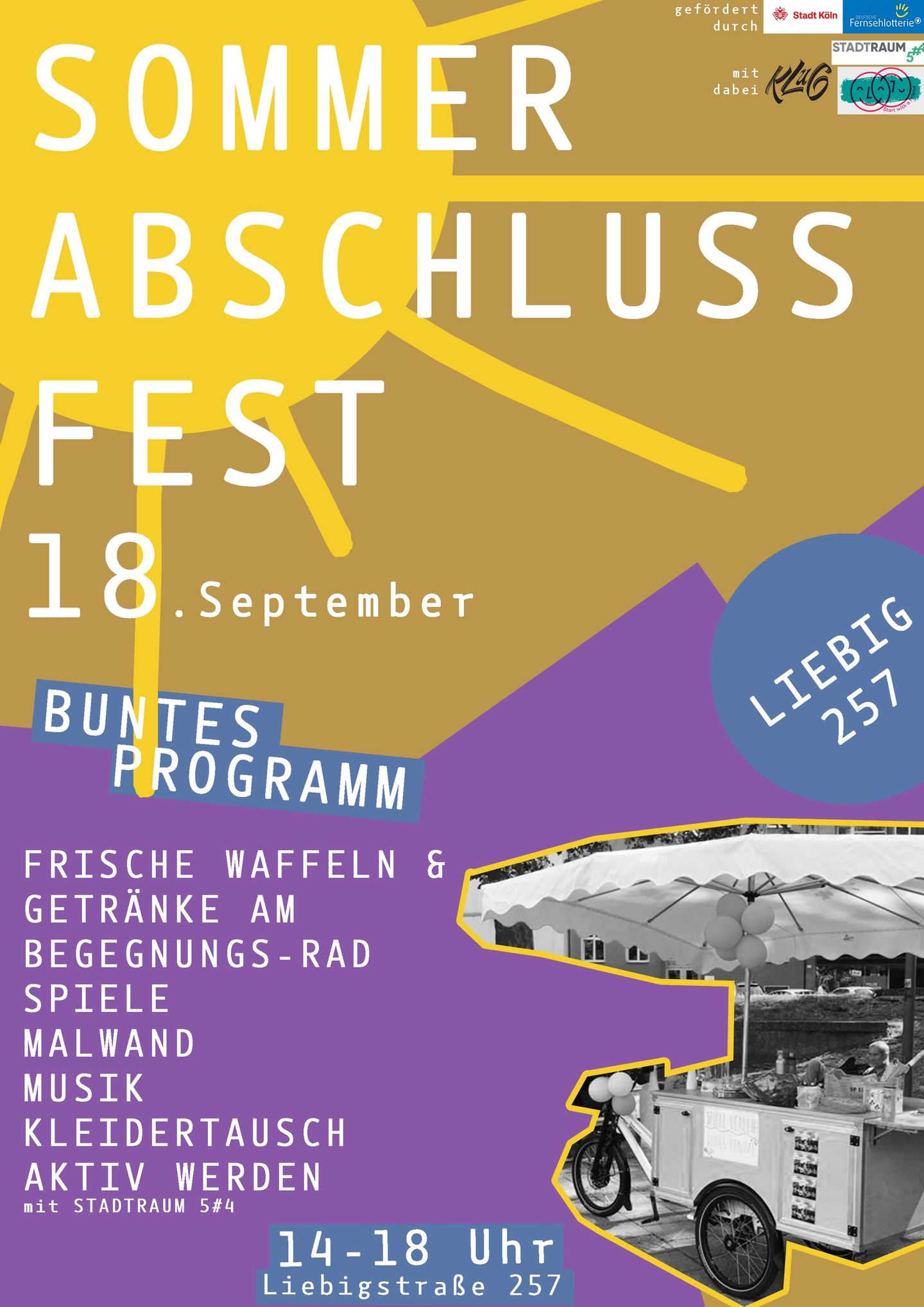 Auf dem Plakat stehen alle Infos zur Veranstaltung: Beginn 14 Uhr, Ende 18 Uhr, Adresse Liebigstraß3 257