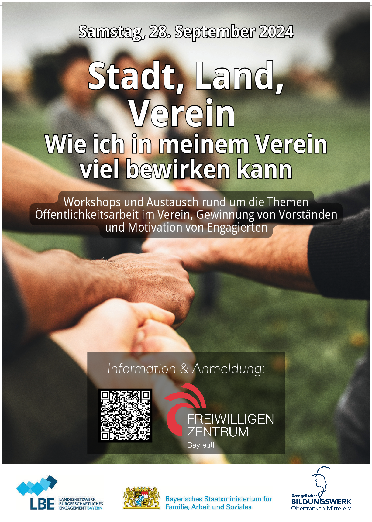 Hände, die gemeinsam an einem Strang ziehen. Aufschrift Stadt.Land.Verein. Vereinstag am 28. September 2024