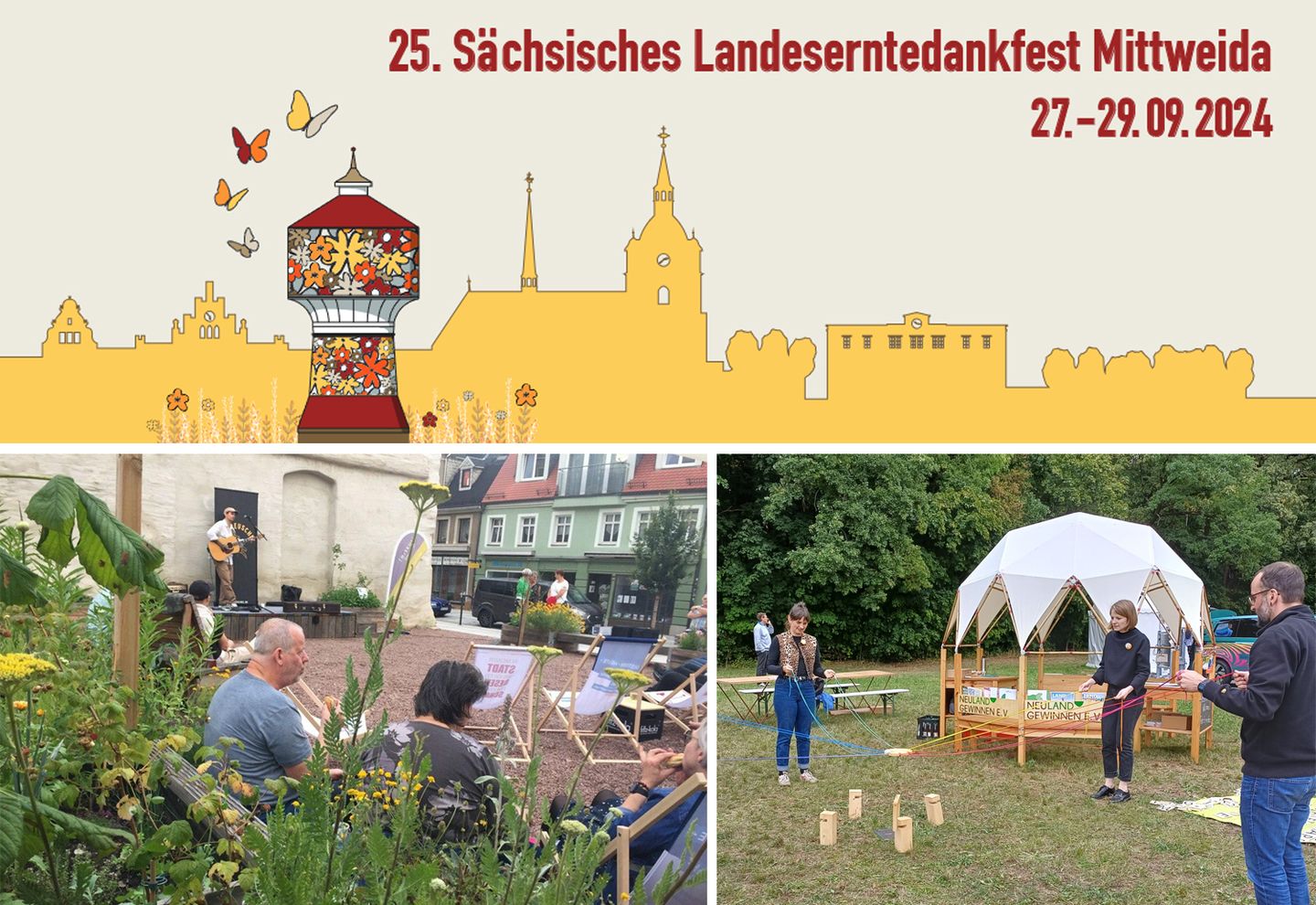Banner zum Landeserntedankfest 2024 in Mittweida, Menschen im Stadtgarten, der Pavillon des Neuland gewinnen e.V.