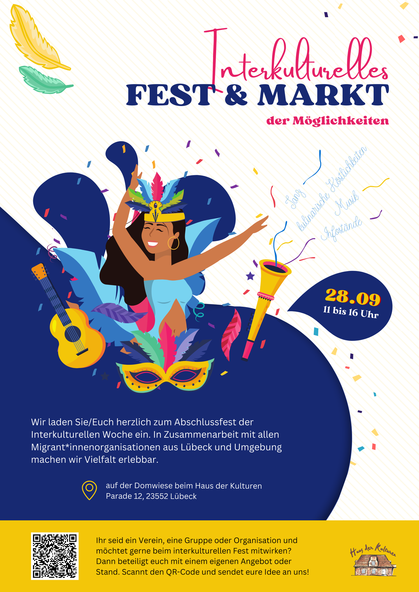 Das Interkulturelle Fest und der Markt der Möglichkeiten finden von 11:00 bis 15:00 Uhr im Haus der Kulturen in Lübeck statt. Menschen aus verschiedenen Kulturen teilen ihre Traditionen, Kunst und Kulinarik miteinander. Die Veranstaltung bietet ein Programm mit Musik, Tanzvorführungen und Präsentationen aus aller Welt. Beim Markt der Möglichkeiten können Besucher Organisationen und Projekte kennenlernen, die sich für Integration, Kultur und gesellschaftliches Engagement einsetzen. Es gibt internationale Speisen und eine einladende Atmosphäre, die zum Austausch und Vernetzen anregt. Die Veranstaltung ist offen für alle.