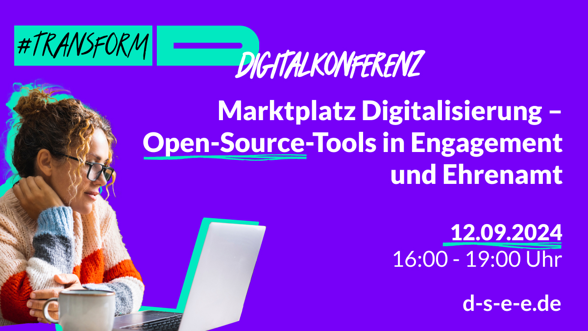 Grafik, die eine Frau an einem Laptop zeigt, Text mit Titel der Veranstaltung sowie Datum (12.9.2024) und Uhrzeit (16 bis 19 Uhr).