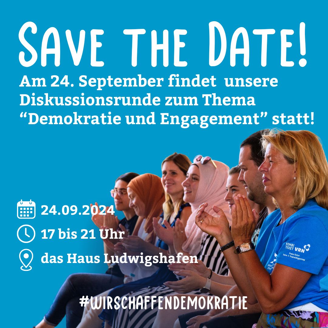 Veranstaltungsbild für die Diskussionsrunde #wirschaffendemokratie. Zu sehen sind einige Infos aus dem Text und Personen, die einer Diskussion zuhören.