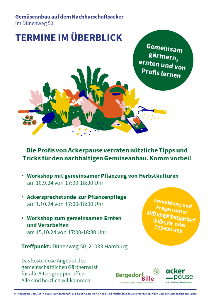 Flyer für Workshops aus dem Nachbarschaftsacker Dünenweg