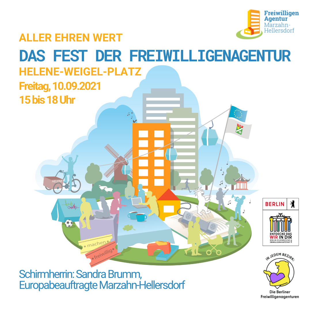 Zu sehen ist eine Collage, mit allem was die FreiwilligenAgentur ausmacht. Im Zentrum stehen ein gelbes Hochhaus und zwei graue Hochhäuser. Daneben eine Flagge mit dem Bezirkswappen von Marzahn-Hellersdorf die von dem Berliner Bären mit Irokesen getragen wird. Vor den Häusern fährt die Seilbahn entlang. Am Rand fährt jemand ein Lastenrad auf dem „Helene“ steht. Im Hintergrund ist die Marzahner Mühle zu sehen. Weiter vorne ist ein Zelt auf dem „PULS Camp“ steht. Im ganzen Bild sind viele Silhouetten von Menschen verteilt, die miteinander sprechen.
