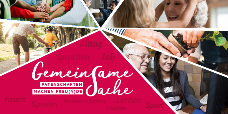 verschiedene Fotos von Menschen, die sich begegnen auf totem Grund mit dem Schriftzug "Gemeinsame Sache"