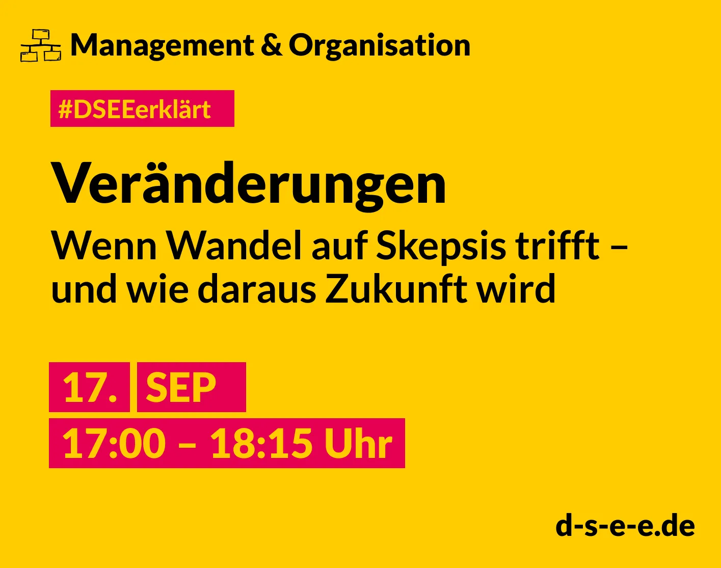 Die Grafik hat einen gelben Hintergrund auf dem in schwarzer Schrift Titel, Datum und Uhrzeit der Veranstaltung stehen.