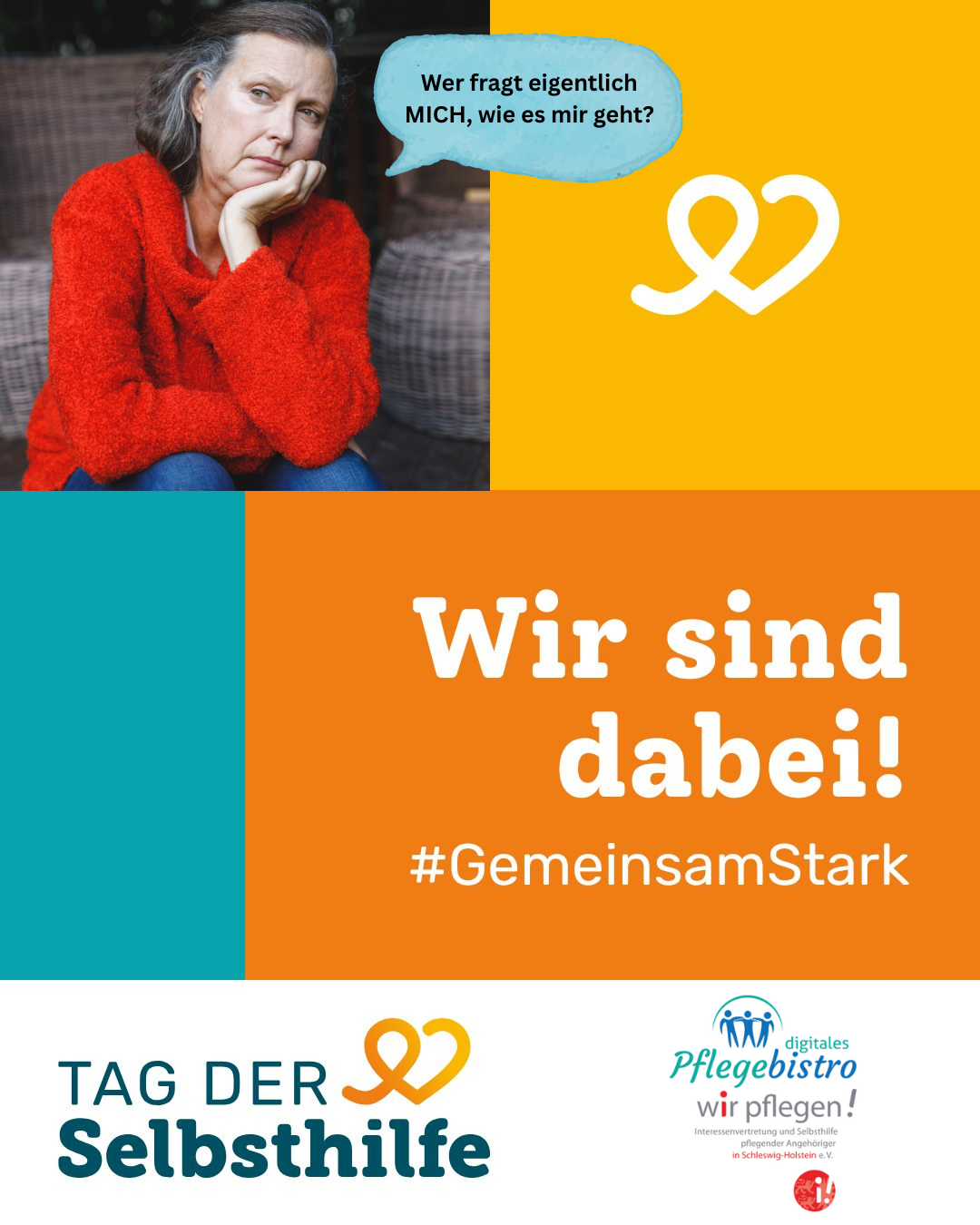 weiblich gelesene pflegende Angehörige, mittleren Alters sitzt und fragt sich , wer eigentlich an sie denkt.