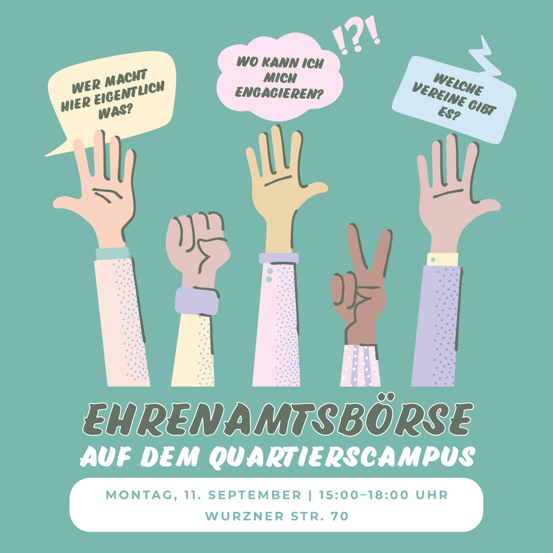 Mehrer Hände strecken sich nach oben zur drei Sprechblasen. In den Sprechblasen steht: Wer macht hier eigentlich was? Wo kann ich mich engagieren? Welche Vereine gibt es?