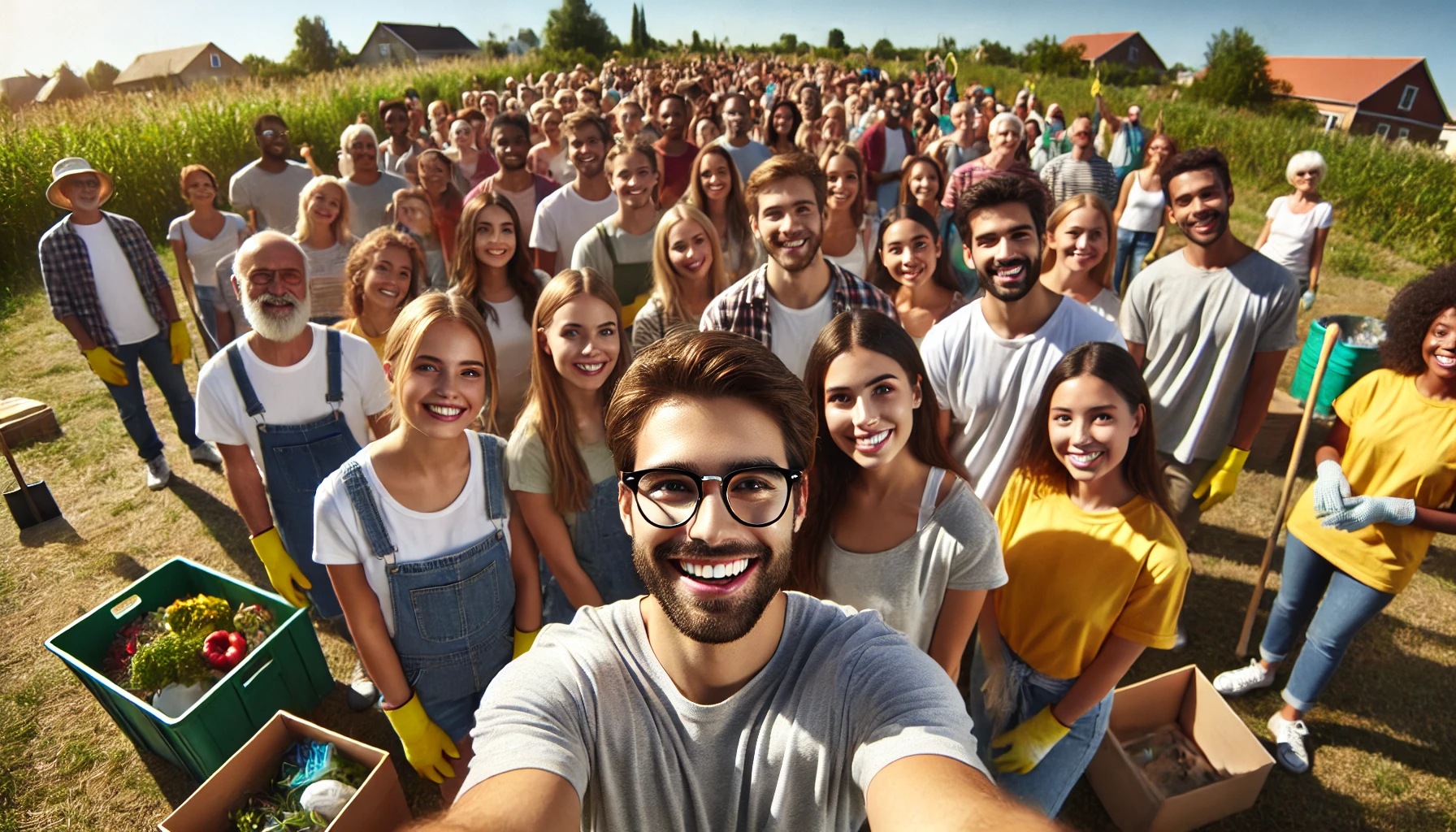 Eine Gruppe von Menschen steht bei Sonnenschein auf einem Feld. Diese schauen den Betrachter lachend an.