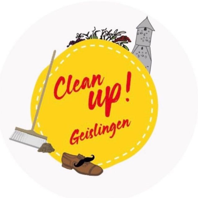 Schriftzug: Clean up Geislingen mit einem Besen, einem Schuh und einem Turm