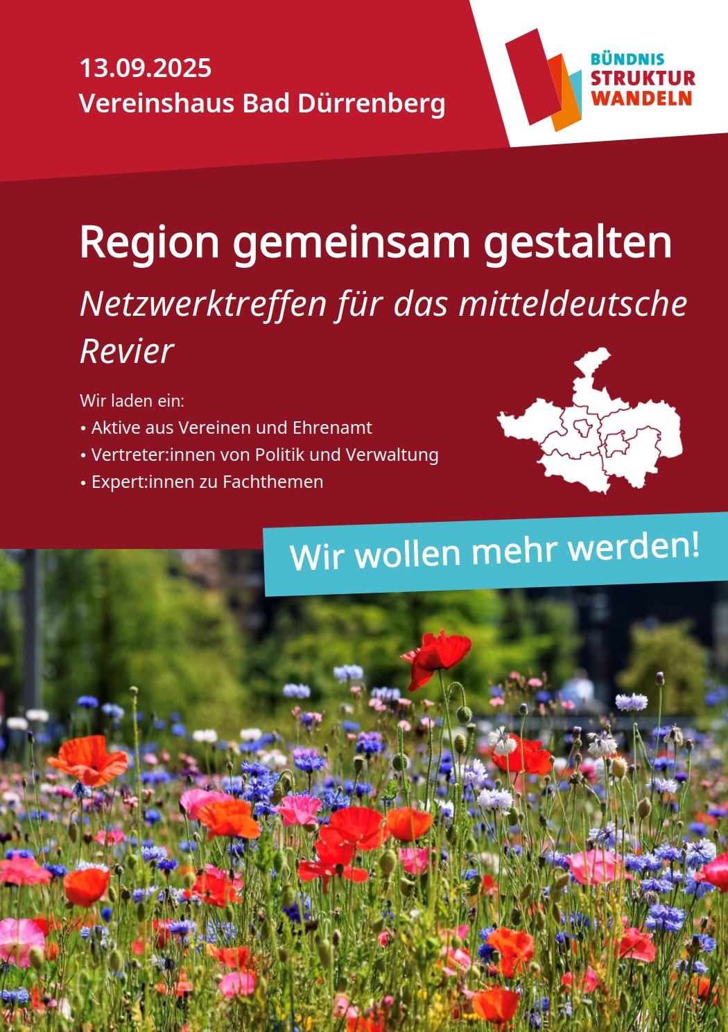 Die Einladung zum Netzwerktreffen am 13.09.2025 mit einem Bild von einer Blumenwiese.