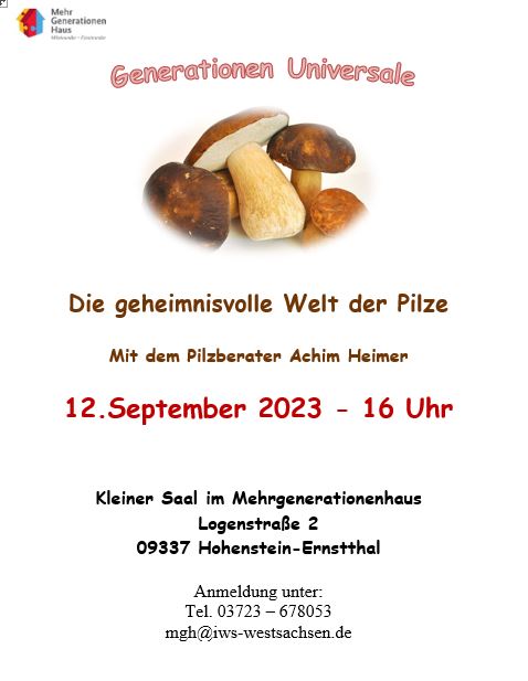 Ankündigung der GenrationenUni mit Datum und einem Pilzbild