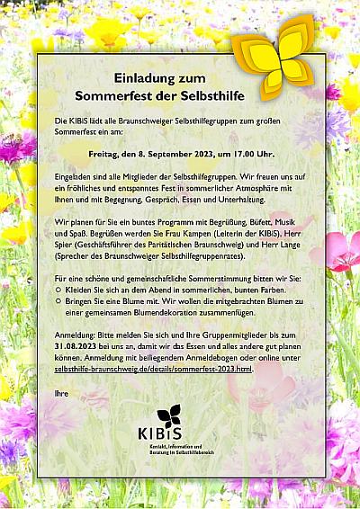 Abbildung von der Einladung zum Sommerfest der Selbsthilfe Braunschweig in bunten Farben.