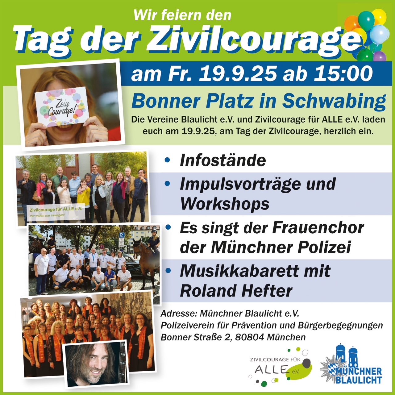 Das Bild zeigt den Programmflyer zur Verasntaltung, Auf dem Flyer sind Fotos von Beteiligten der Veransltatung abgebildet, unter anderem der Musikkabarettist Roland Hefter. Desweiteren sind die Programpunkte aufgeführt. 