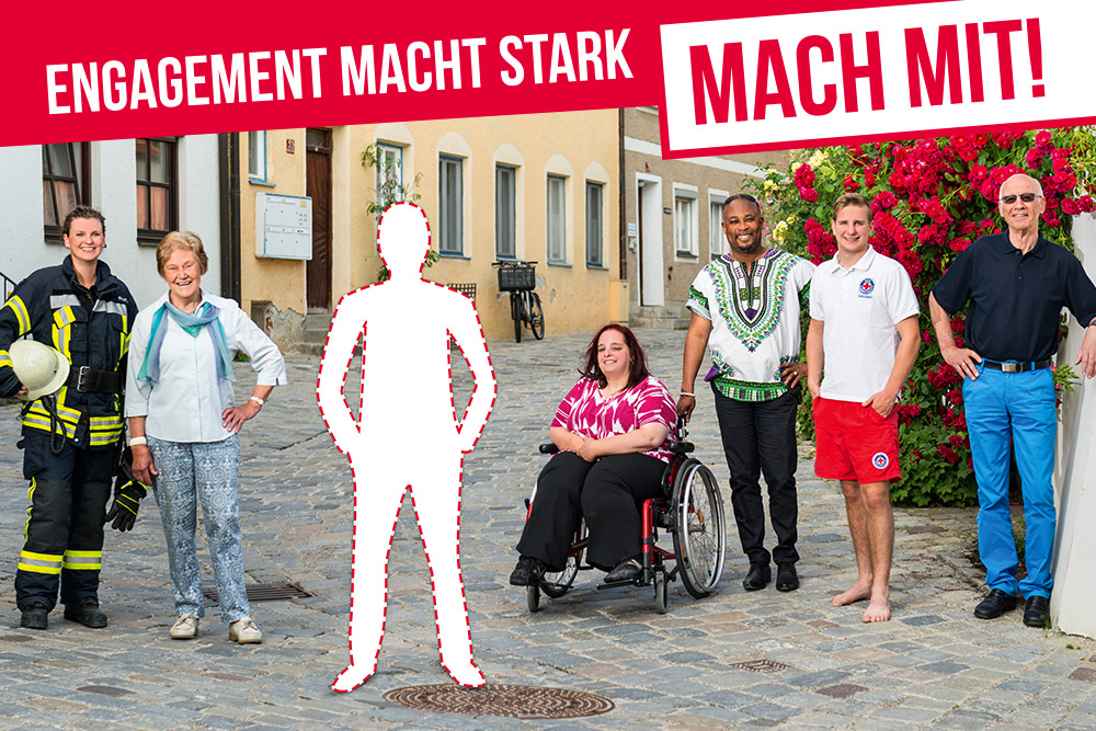 6 Ehrenamtliche und eine leere Silhouette in der Mitte