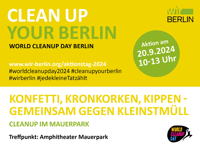 Grafik für die Cleanup Aktion im Mauerpark mit Titel, Uhrzeit, Treffpunkt und Logos der beteiligten Initiativen.