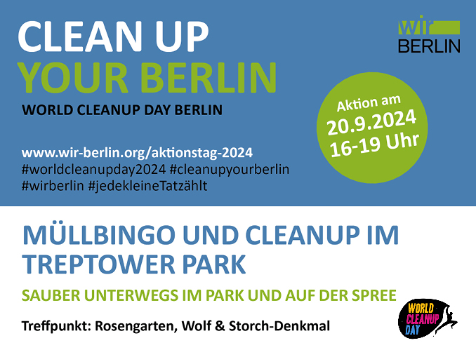 Grafik für die Cleanup Aktion im Mauerpark mit Titel, Uhrzeit, Treffpunkt und Logos der beteiligten Initiativen.