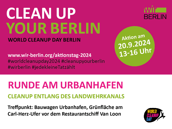 Grafik für die Cleanup Aktion im Mauerpark mit Titel, Uhrzeit, Treffpunkt und Logos der beteiligten Initiativen.