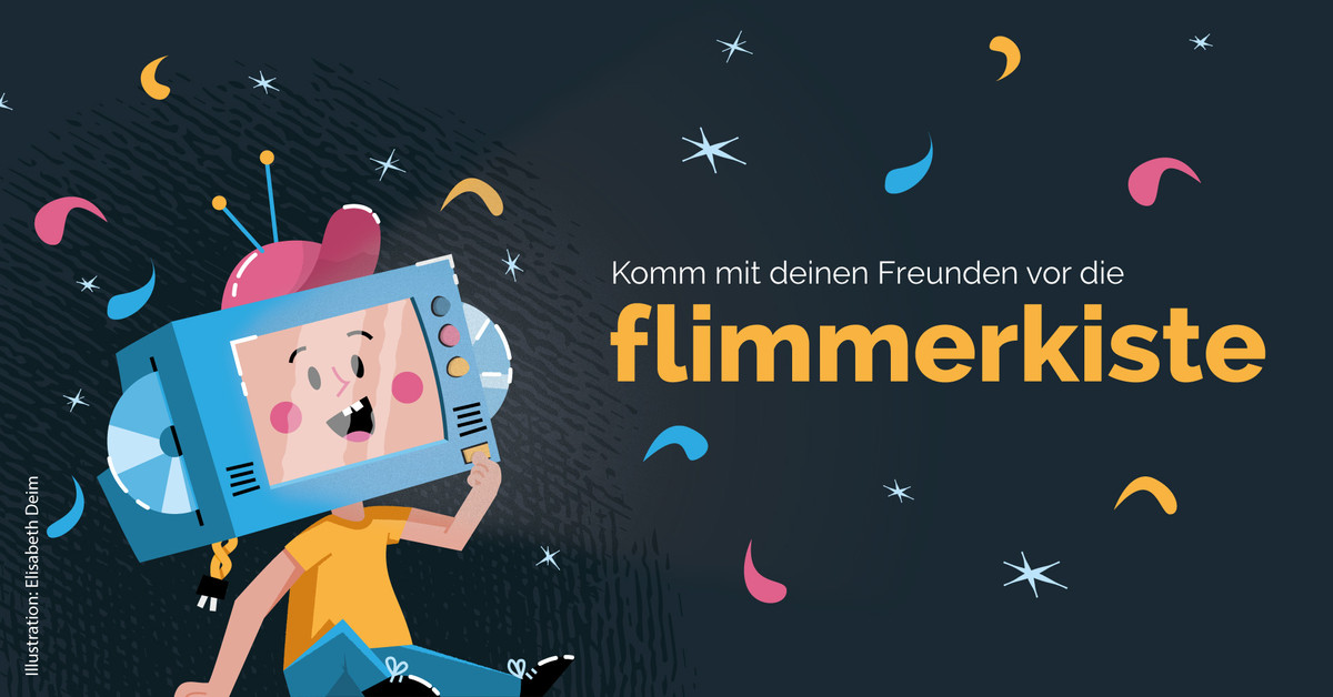 Illustration eines fröhlichen Kindes, das einen alten Fernseher als Kopf trägt. Neben dem Kind steht der Text: „Komm mit deinen Freunden vor die flimmerkiste“. Im Hintergrund sind bunte Konfetti-Elemente und Sterne auf dunklem Grund zu sehen.