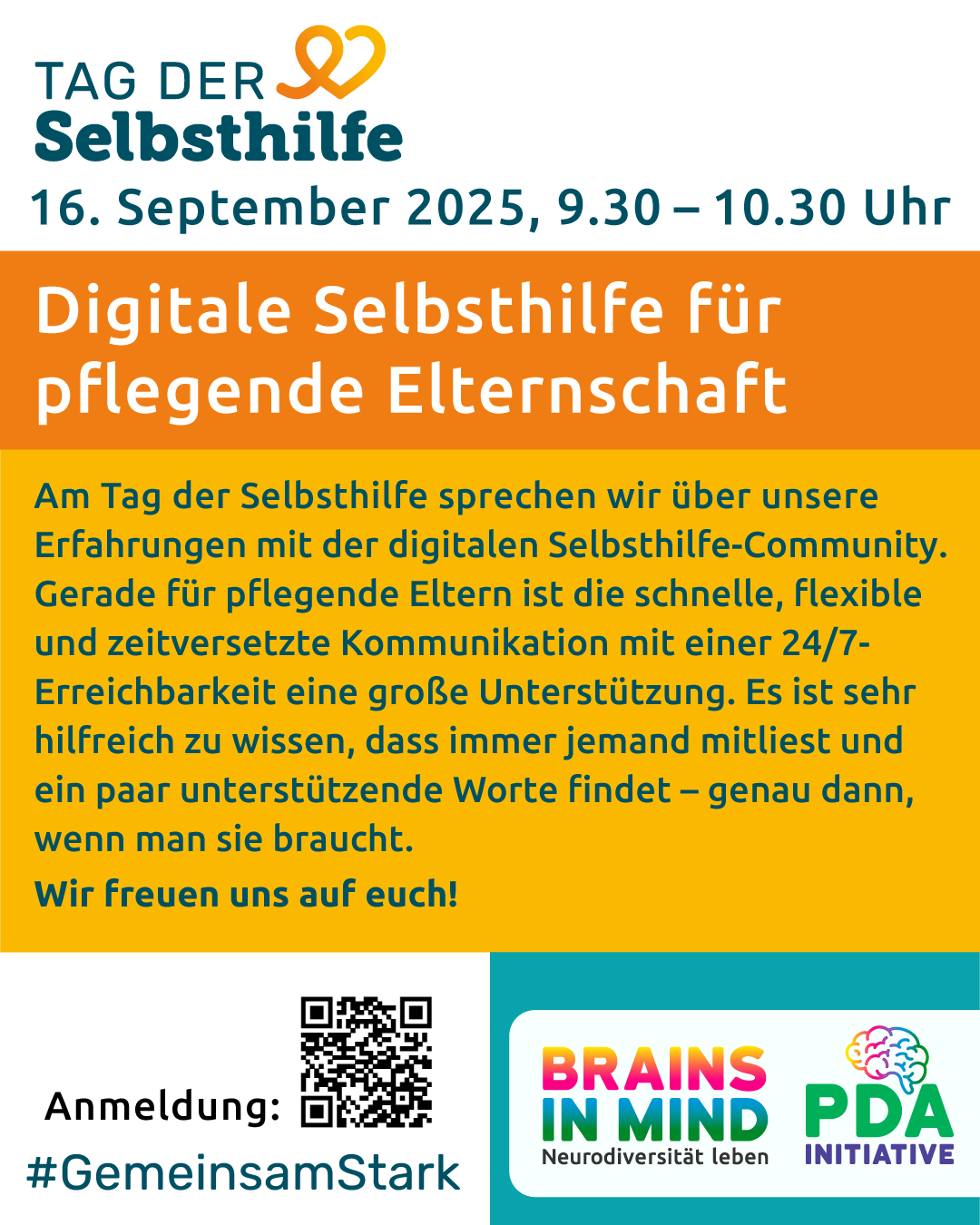 Das Bild beinhaltet den gleichen Text, der in den Innformationen zur Veranstaltung angegeben ist plus einem QR Link zur Anmeldung und den Logos zum Tag der Selbsthilfe und von Brains in Mind gUG 